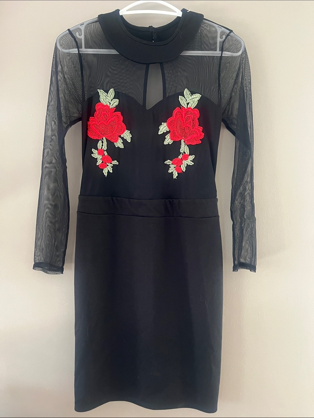 Black Sheer Sleeve Dress with Red Rose Appliqué